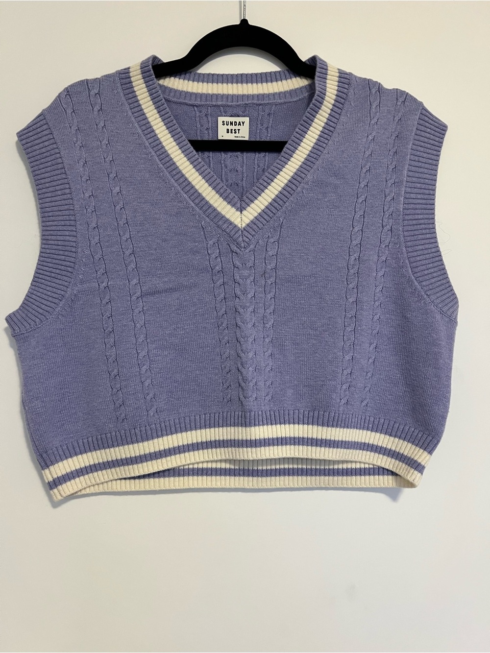 Sunday Best Lavender Cable Knit V-Neck Sweater Vest with Cream Trim